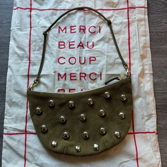 CLARE V Vivier Lune Shoulder Bag Oat Suede with Studs Studded Handbag - Picture 2 of 4